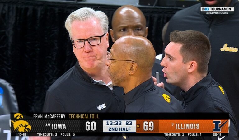 Iowa HC Fran McCaffery is ejected after receiving two quick technical fouls vs. Illinois